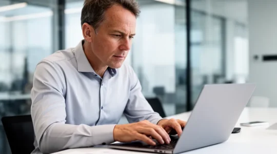 Entrepreneur consultant son dossier de subvention sur ordinateur portable dans un bureau moderne