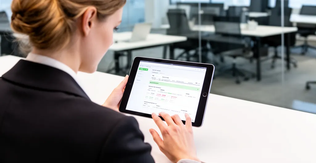 Professionnelle vérifiant les critères d'éligibilité aux subventions sur tablette dans un espace de travail